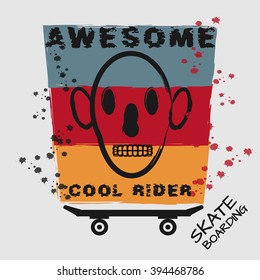 Vector illustration on the theme of skateboard and skateboarding. Slogan: awesome cool rider. Typography, t-shirt graphics, poster, banner, flyer, postcard