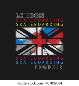 Vector illustration on the theme of skateboard and skateboarding of London, England. Stylized British flag. Grunge design. Typography, t-shirt graphics, poster, banner, flyer, postcard

