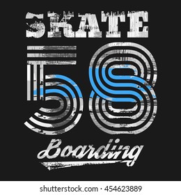 Vector illustration on the theme of skateboard and skateboarding. Grunge background.  Number sport typography, t-shirt graphics, poster, banner, stamp, print, postcard
