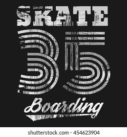 Vector illustration on the theme of skateboard and skateboarding. Grunge background.  Number sport typography, t-shirt graphics, poster, banner, stamp, print, postcard