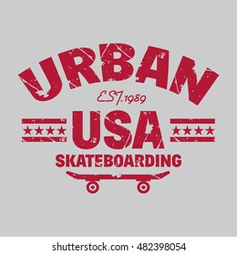 Vector illustration on the theme of skateboard and skateboarding in USA. Vintage design. Grunge background. Typography, t-shirt graphics, poster, print, banner, flyer, postcard