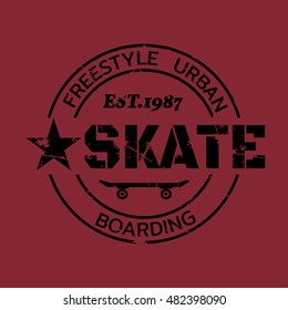 Vector illustration on the theme of skateboard and skateboarding. Vintage design. Grunge background. Stamp typography, t-shirt graphics, poster, print, banner, flyer, postcard