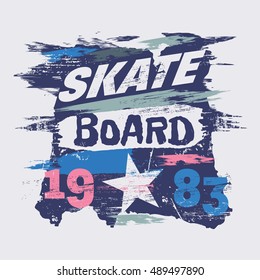 Vector illustration on the theme of skateboard and skateboarding. Graffiti design. Grunge background. Number sport typography, t-shirt graphics, poster, print, banner, flyer, postcard