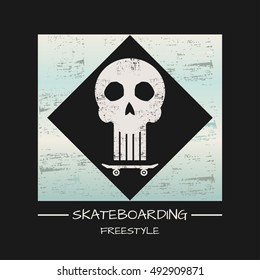 Vector illustration on the theme of skateboard and skateboarding. Grunge background. Skull typography, t-shirt graphics, poster, print, banner, stamp, flyer, postcard