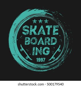 Vector illustration on the theme of skateboard and skateboarding. Grunge background. Stamp typography, t-shirt graphics, poster, print, banner, flyer, postcard