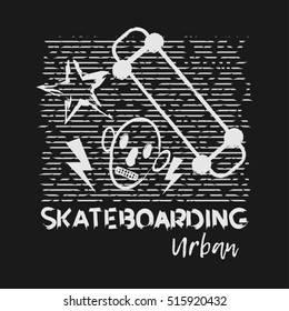 Vector illustration on the theme of skateboard and skateboarding. Graffiti design. Grunge background. Typography, t-shirt graphics, poster, banner, stamp, postcard