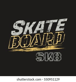 Vector illustration on the theme of skateboard and skateboarding. Graffiti and stencil design. Grunge background. Sport typography, t-shirt graphics, poster, print, banner, flyer, postcard