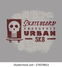 Vector illustration on the theme of skateboard and skateboarding. Vintage design. Grunge background. Skull typography, t-shirt graphics, poster, print, postcard