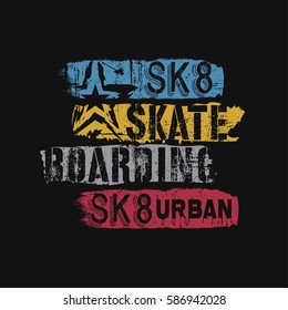 Vector illustration on the theme of skateboard and skateboarding. Graffiti design. Grunge background. Typography, t-shirt graphics, poster, print, banner, flyer, postcard