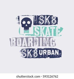 Vector illustration on the theme of skateboard and skateboarding. Vintage design. Grunge background. Skull typography, t-shirt graphics, poster, print, postcard