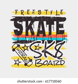 Vector illustration on the theme of skateboard and skateboarding. Grunge background. Street art design. Typography, t-shirt graphics, print, poster, stencil, banner, flyer, postcard