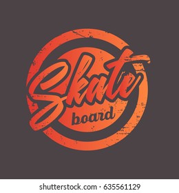 Vector illustration on the theme of skateboard and skateboarding. Grunge background. Stamp typography, t-shirt graphics, poster, print, postcard