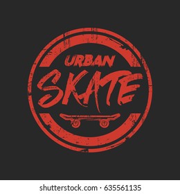 Vector illustration on the theme of skateboard and skateboarding. Grunge background. Stamp typography, t-shirt graphics, poster, print, postcard