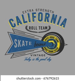 Vector illustration on the theme of skateboard and skateboard wheels .Grunge background. Street art design. Typography, t-shirt graphics, print, poster, stencil, banner,  postcard 