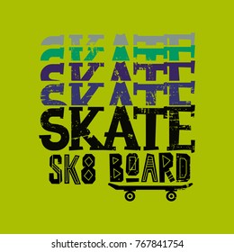 Vector illustration on the theme of skateboard and skateboarding. Vintage design. Grunge background. Stamp typography, t-shirt graphics, poster, print, banner, flyer, postcard