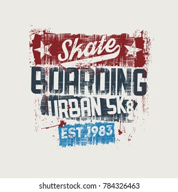 Ilustração vetorial sobre o tema do skate e skate. Design vintage. Fundo grunge. Tipografia esportiva, t-shirt gráficos, impressão, cartaz, estêncil, banner, folheto, cartão postal