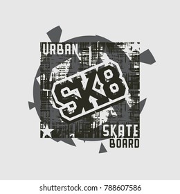 Vector illustration on the theme of skateboard and skateboarding. Grunge background. Street art design. Typography, t-shirt graphics, print, poster, banner, flyer, postcard
