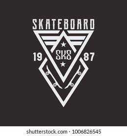 Vector illustration on the theme of skateboarding and skateboard. Stamp typography, t-shirt graphics, poster, print, postcard