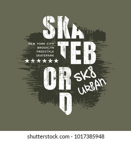 Vector illustration on the theme of skateboarding and skateboard in New York City. Vintage design. Grunge background. Sport typography, t-shirt graphics, poster, print, postcard