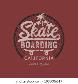 Vector illustration on the theme of skateboarding and skateboard in California, Venice beach. Vintage design. Grunge background. Stamp typography, t-shirt graphics, poster, print, postcard
