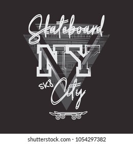 Vector illustration on the theme of skateboarding and skateboard in New York City. Grunge background. Typography, t-shirt graphics, poster, print, postcard