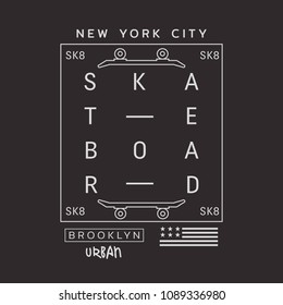 Vector illustration on the theme of skateboarding and skateboard in New York City, Brooklyn. Stylized American flag.  Typography, t-shirt graphics, poster, print, postcard