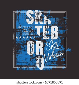 Vector illustration on the theme of skateboarding and skateboard in New York City, Brooklyn. Vintage design. Grunge background. Typography, t-shirt graphics, poster, print, postcard