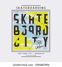 Vector illustration on the theme of skateboarding and skateboard in New York City, Brooklyn. Vintage design. Grunge background. Typography, t-shirt graphics, poster, print, postcard