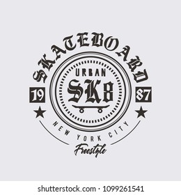 Vector illustration on the theme of skateboarding and skateboard in New York City. Gothic design. Stamp typography, t-shirt graphics, poster, print, postcard