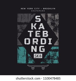 Vector illustration on the theme of skateboarding and skateboard in New York City, Brooklyn. Vintage design. Grunge background. Sport typography, t-shirt graphics, poster, print, postcard