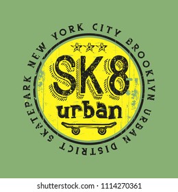 Vector illustration on the theme of skateboarding and skateboard in New York City, Brooklyn. Vintage design. Grunge background. Stamp typography, t-shirt graphics, poster, print, postcard