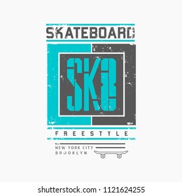 Vector illustration on the theme of skateboarding and skateboard in New York City. Vintage design. Grunge background. Typography, t-shirt graphics, poster, print, postcard