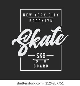 Vector illustration on the theme of skateboarding and skateboard in New York City, Brooklyn. Typography, t-shirt graphics, print, poster, banner, flyer, postcard