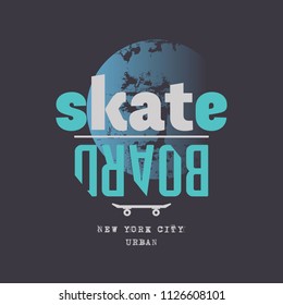 Vector illustration on the theme of skateboarding and skateboard in New York City.  Typography, t-shirt graphics, print, poster, banner, flyer, postcard