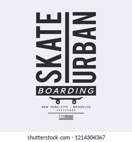 Ilustración vectorial sobre el tema del skateboarding y el skateboard en Nueva York, Brooklyn. Tipografía, gráficos en pantalones, impresión, afiche, pancarta, volante, postal