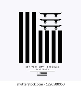 Vector illustration on the theme of skateboarding and skateboard in New York City, Brooklyn. American flag. Typography, t-shirt graphics, print, poster, banner, flyer, postcard