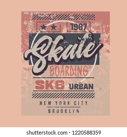 Vector illustration on the theme of skateboarding and skateboard in New York City, Brooklyn. Vintage design. Grunge background. Sport typography, t-shirt graphics, poster, print, postcard