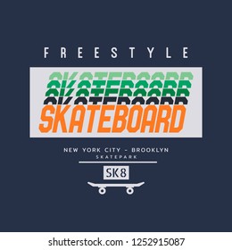 Vector illustration on the theme of skateboarding and skateboard in New York City, Brooklyn. Typography, t-shirt graphics, print, poster, banner, flyer, postcard