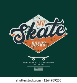 Vector illustration on the theme of skateboarding and skateboard in New York City. Vintage design. Grunge background. Typography, t-shirt graphics, print, poster, banner, flyer, postcard