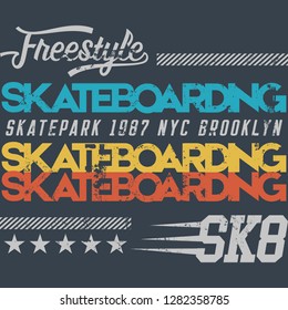 Vector illustration on the theme of skateboarding and skateboard in New York City. Vintage design. Grunge background. Typography, t-shirt graphics, print, poster, banner, flyer, postcard