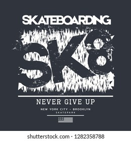 Vector illustration on the theme of skateboarding and skateboard in New York City. Grunge background. Typography, t-shirt graphics, print, poster, banner, flyer, postcard