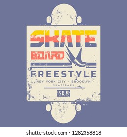 Vector illustration on the theme of skateboarding and skateboard in New York City. Vintage design. Grunge background. Typography, t-shirt graphics, print, poster, banner, flyer, postcard