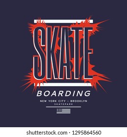 Vector illustration on the theme of skateboarding and skateboard in New York City. Typography, t-shirt graphics, print, poster, banner, flyer, postcard