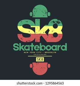 Vector illustration on the theme of skateboarding and skateboard in New York City. Vintage design. Grunge background. Typography, t-shirt graphics, print, poster, banner, flyer, postcard