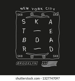 Vector illustration on the theme of skateboarding and skateboard in New York City, Brooklyn.  Typography, t-shirt graphics, poster, print, postcard