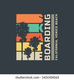 Vector illustration on the theme of skateboarding and skateboard in California, Venice beach.  Typography, t-shirt graphics, poster, print, postcard