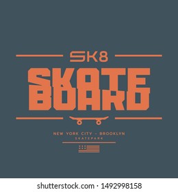 Vector illustration on the theme of skateboarding and skateboard in New York City. Sport typography, t-shirt graphics, poster, print, postcard