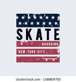 Vector illustration on the theme of skateboarding and skateboard in New York City. American flag. Vintage design. Grunge background. Sport typography, t-shirt graphics, poster, print, postcard