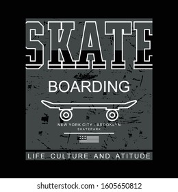 Vector illustration on the theme of skateboarding and skateboard in New York City. Vintage design. Grunge background. Typography, t-shirt graphics, poster, print, postcard