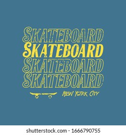 Vektorillustration Illustration zum Thema Skateboard und Skateboard in New York City. Vintage-Design. brüchiger Hintergrund. Sporttypografie, T-Shirt-Grafik, Poster, Druck, Postkarte